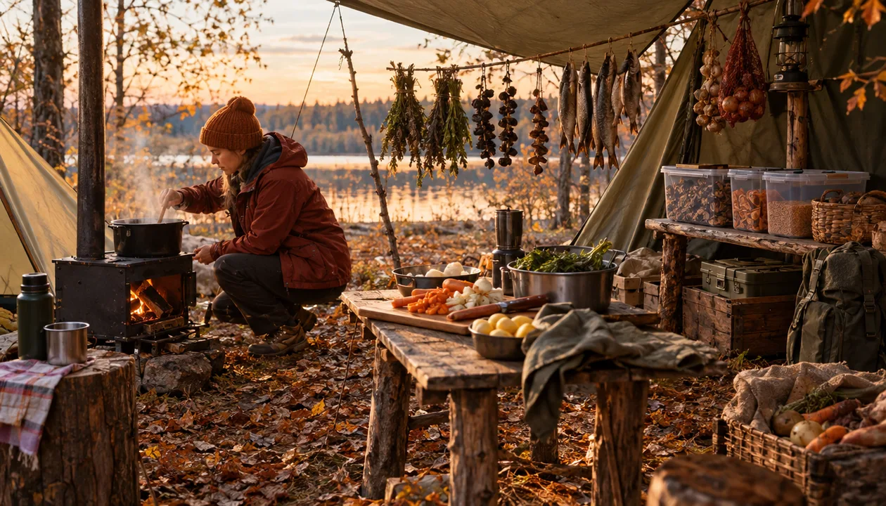 Быт в лагере поздней осенью: готовка, сушка, хранение
